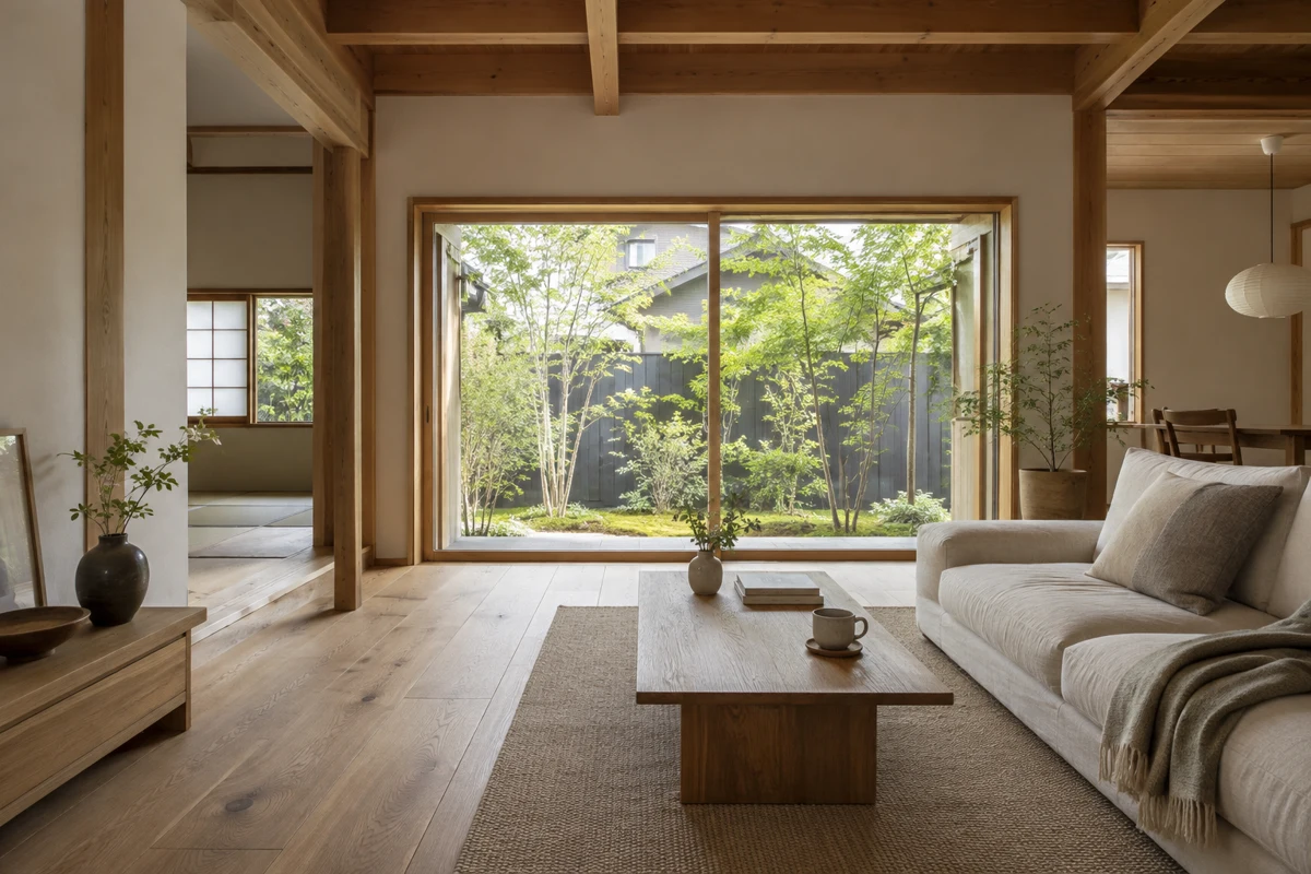 庭に面した木の温もりのある架空の住宅(AI生成)
