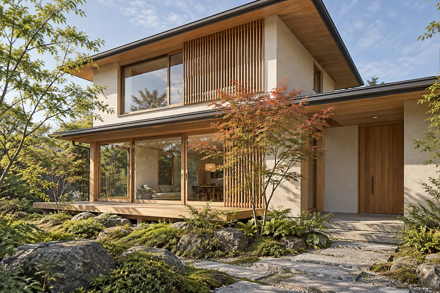 庭につながる木の住まい。AI生成の建築イメージ。