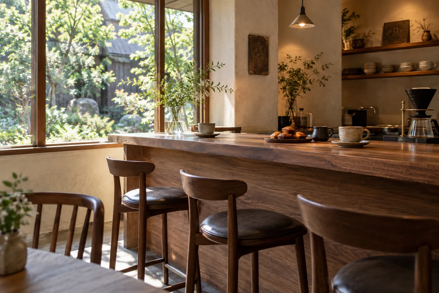 窓から光が差す小さなカフェ。AI生成画像。