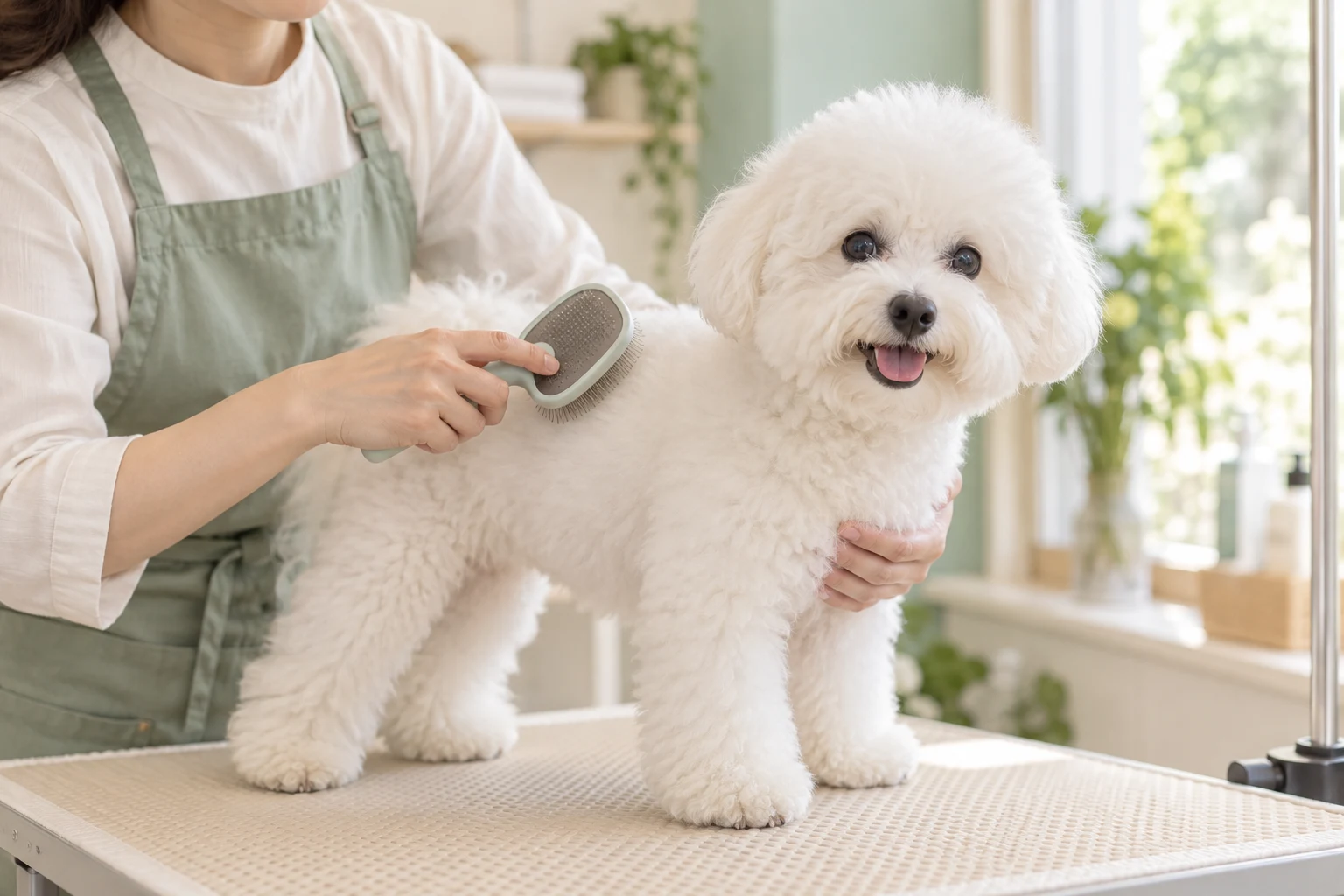 やさしくブラッシングを受ける犬。AI生成のお手入れイメージ。