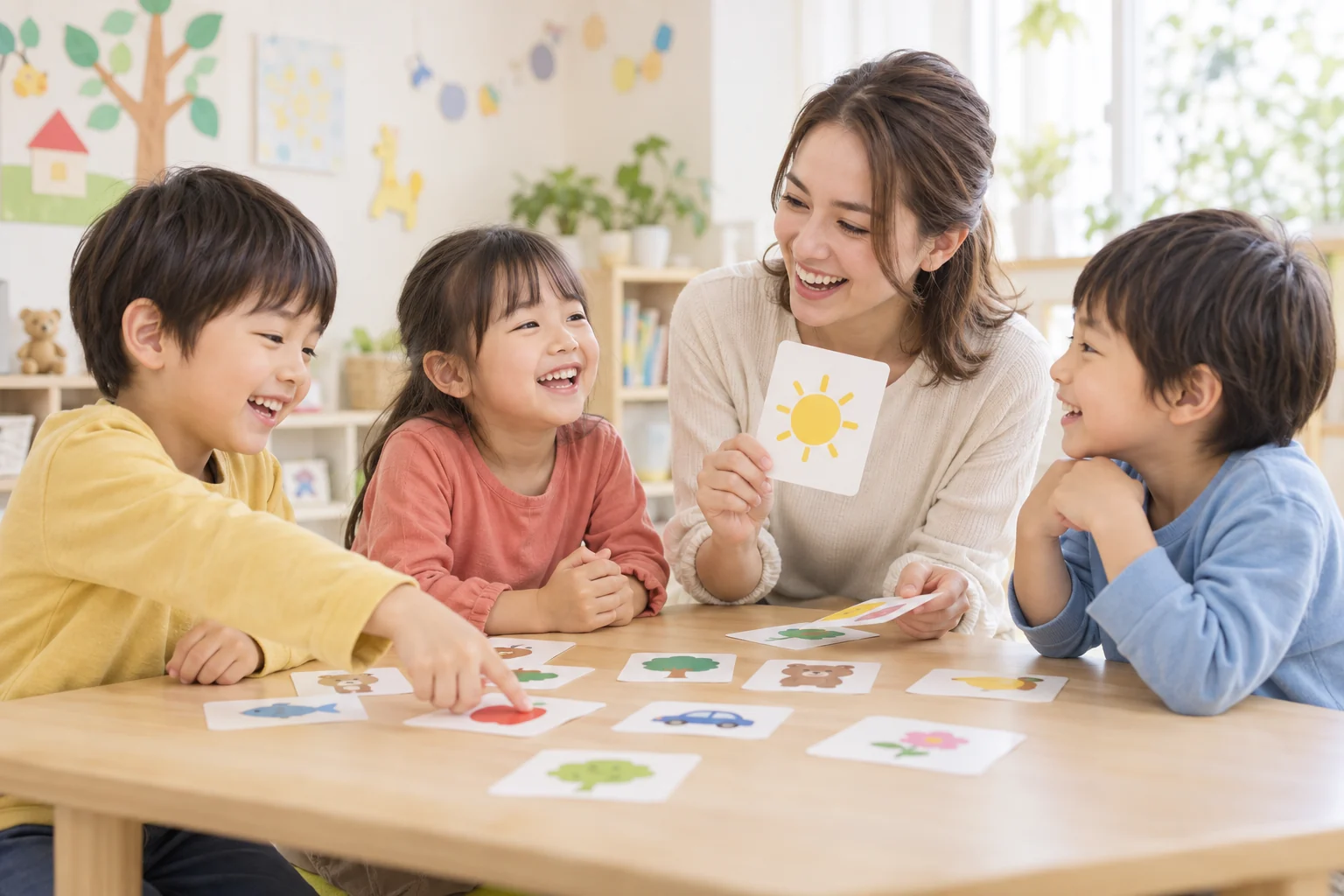 英語のカード遊びを楽しむ架空の子どもと講師。AI生成イメージ。