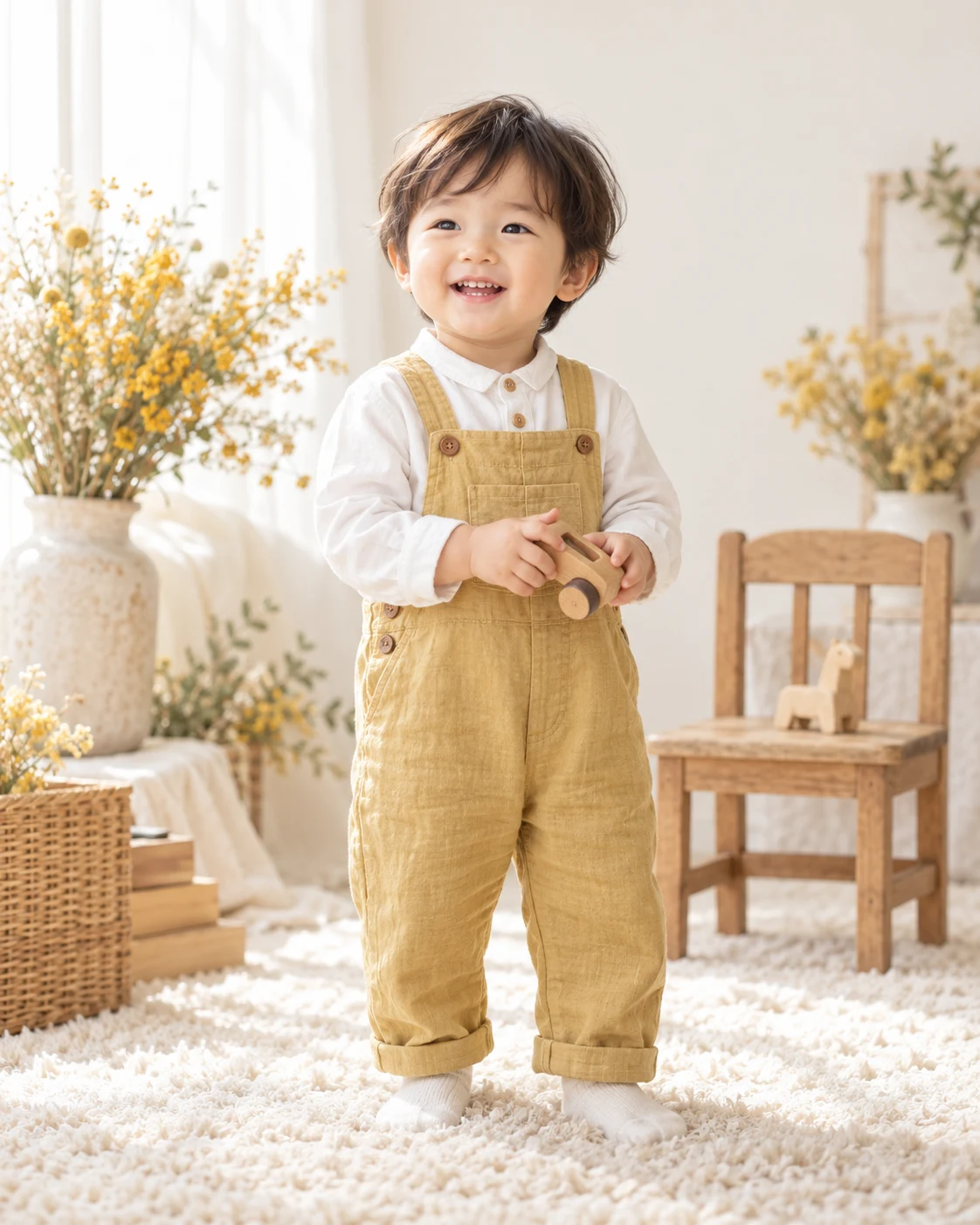 木のおもちゃを持つ子ども。AI生成のバースデー撮影見本。