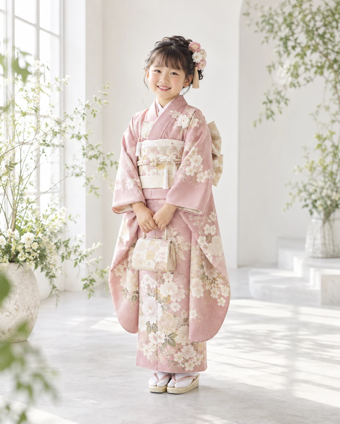 淡い桃色の着物の女の子。AI生成の七五三撮影見本。