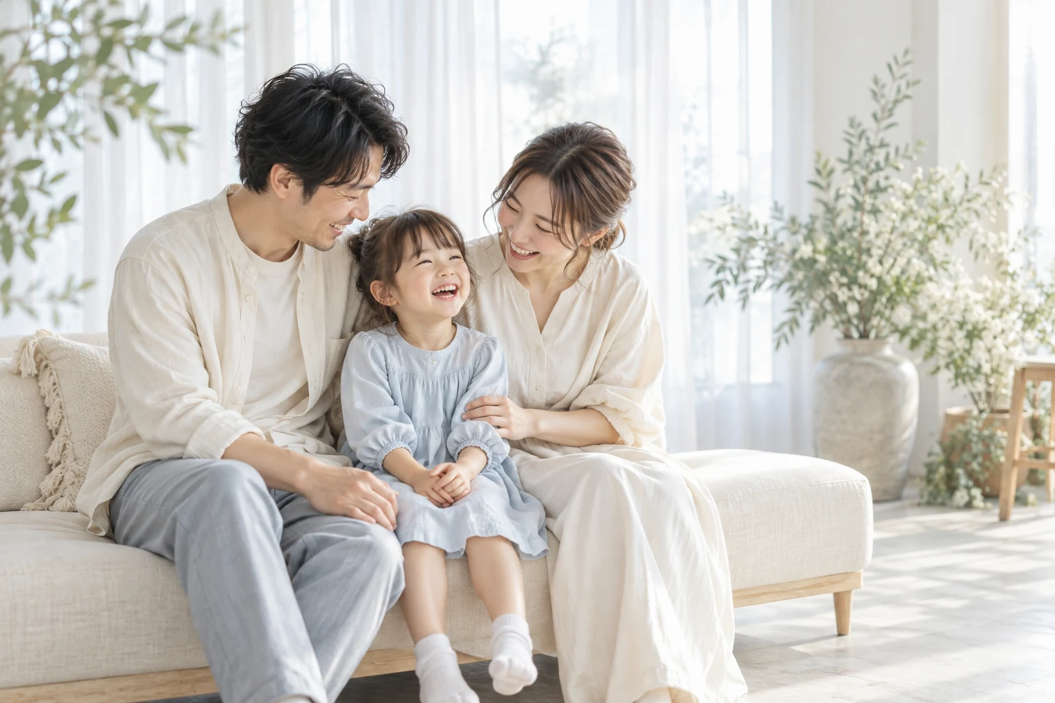 自然光の中で笑い合う家族。AI生成の撮影見本。