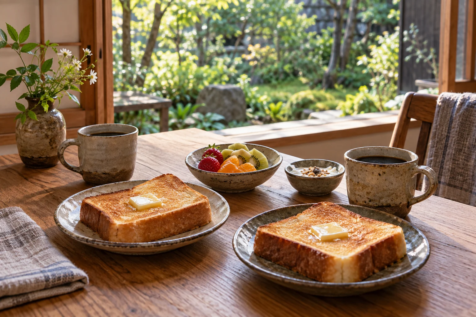 窓辺で楽しむ朝ごはん。AI生成の滞在イメージ。
