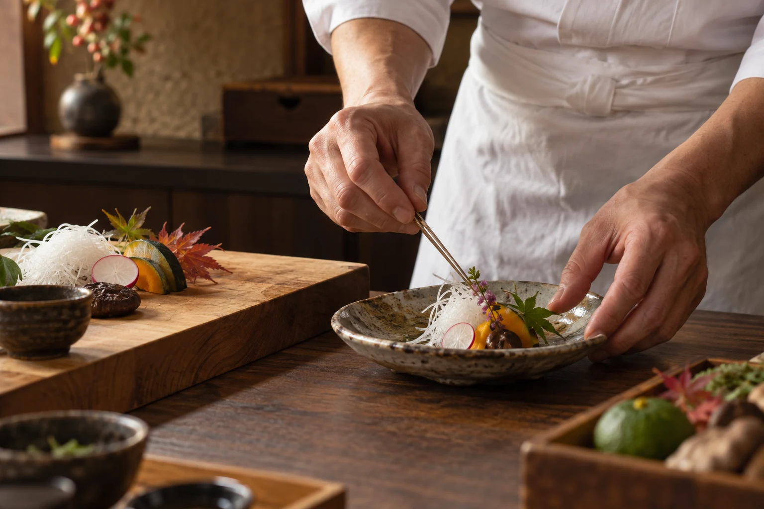 季節の料理を盛り付ける手元。AI生成の調理イメージ。