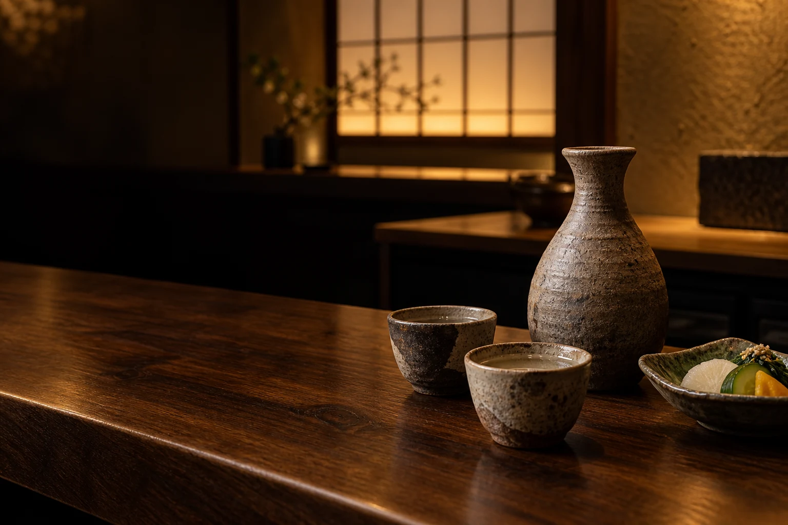 陶器の徳利とお猪口。AI生成のお飲み物イメージ。