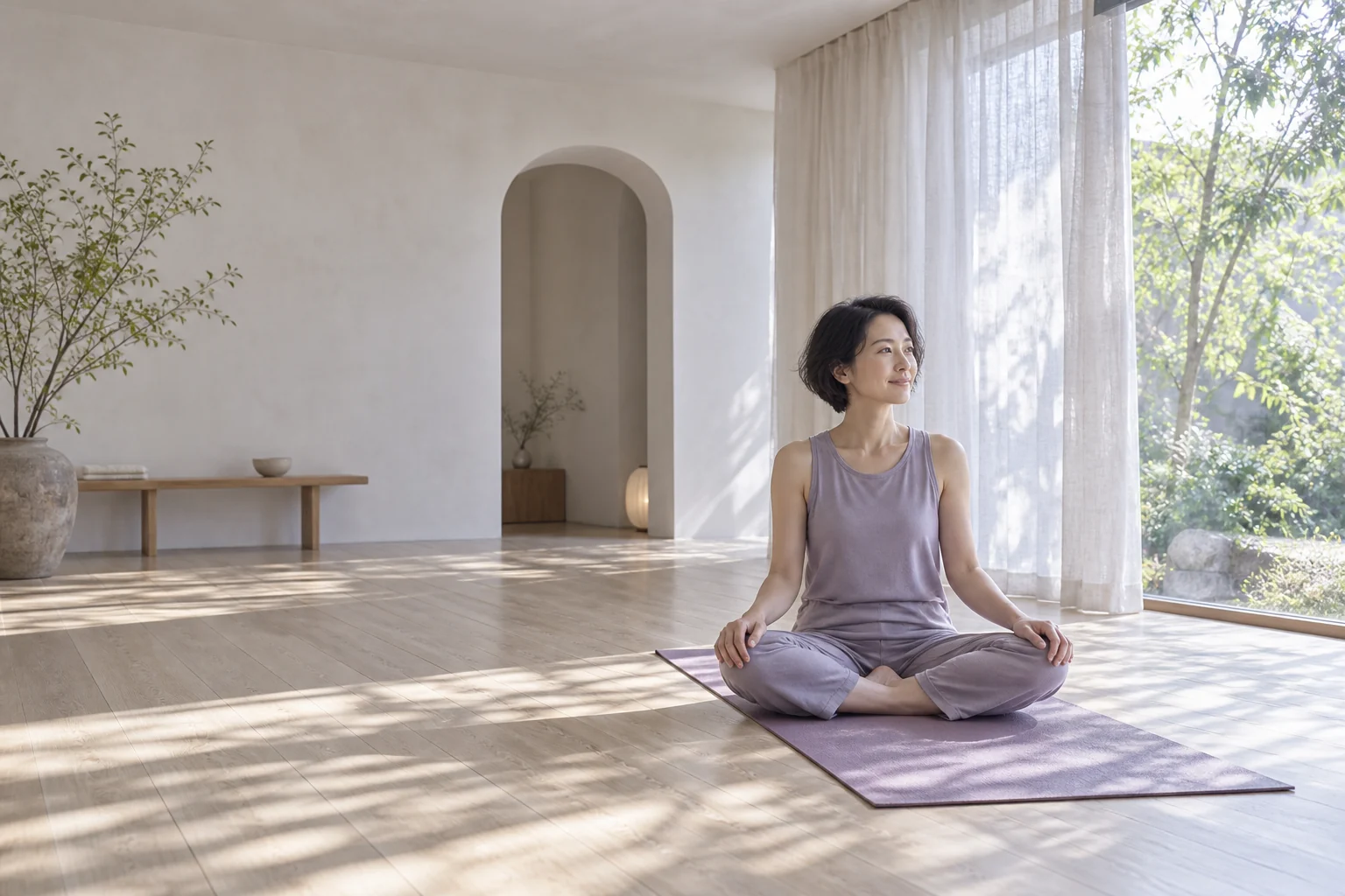 光が差すスタジオで座る女性。AI生成画像。